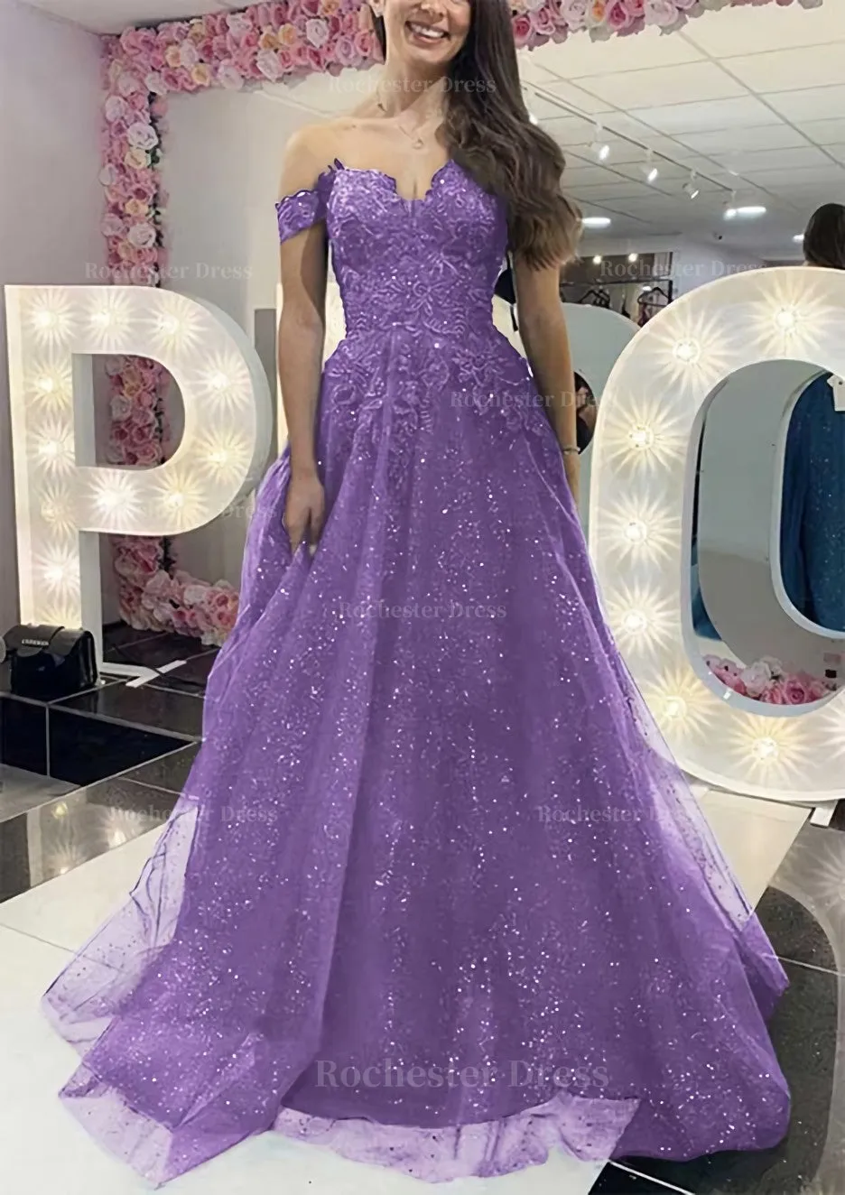 A-line Off-the-Shoulder Regular Straps Long/Floor-Length Tulle Prom Dress With Appliqued Glitter