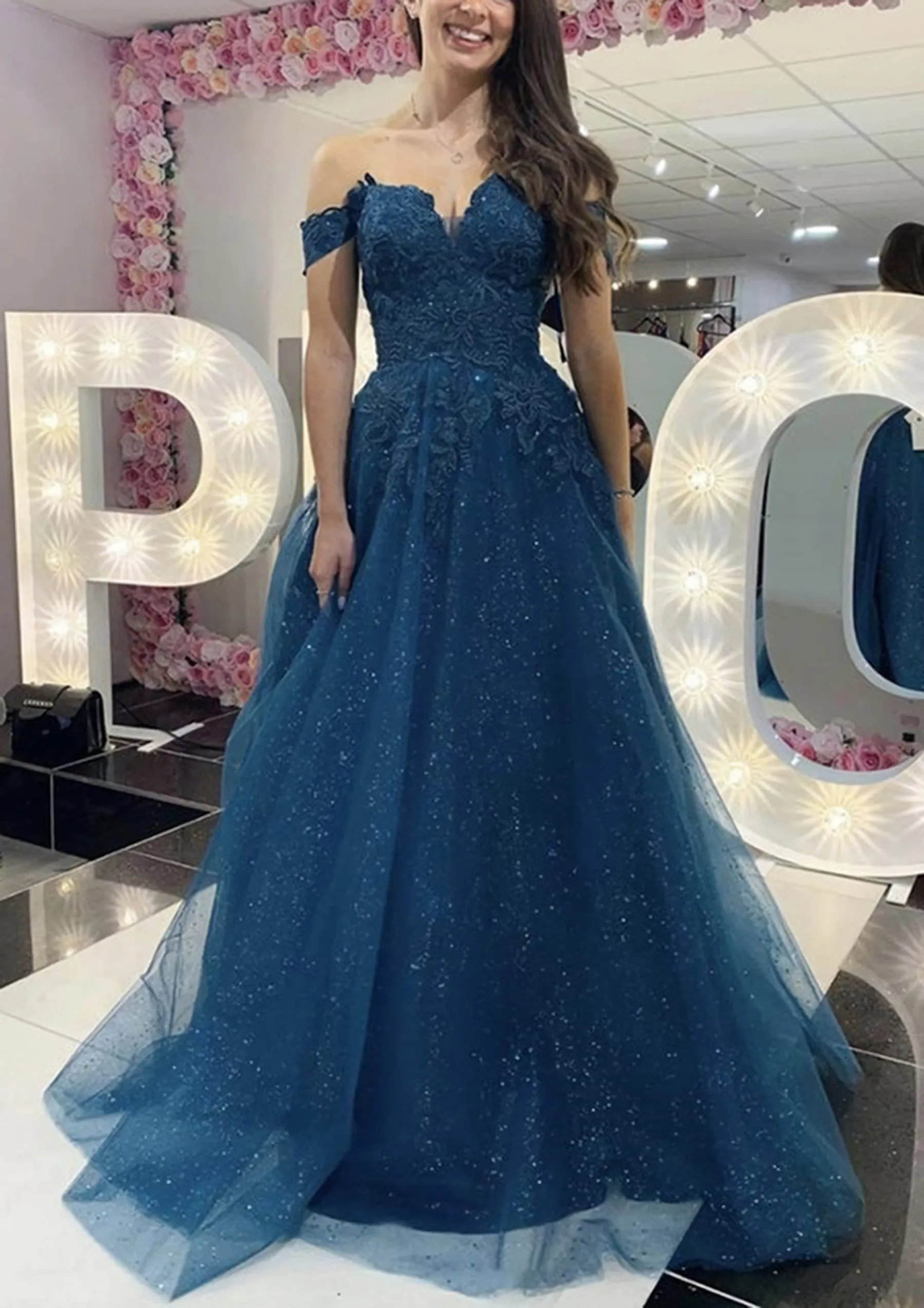 A-line Off-the-Shoulder Regular Straps Long/Floor-Length Tulle Prom Dress With Appliqued Glitter