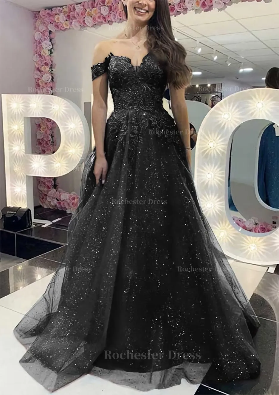 A-line Off-the-Shoulder Regular Straps Long/Floor-Length Tulle Prom Dress With Appliqued Glitter