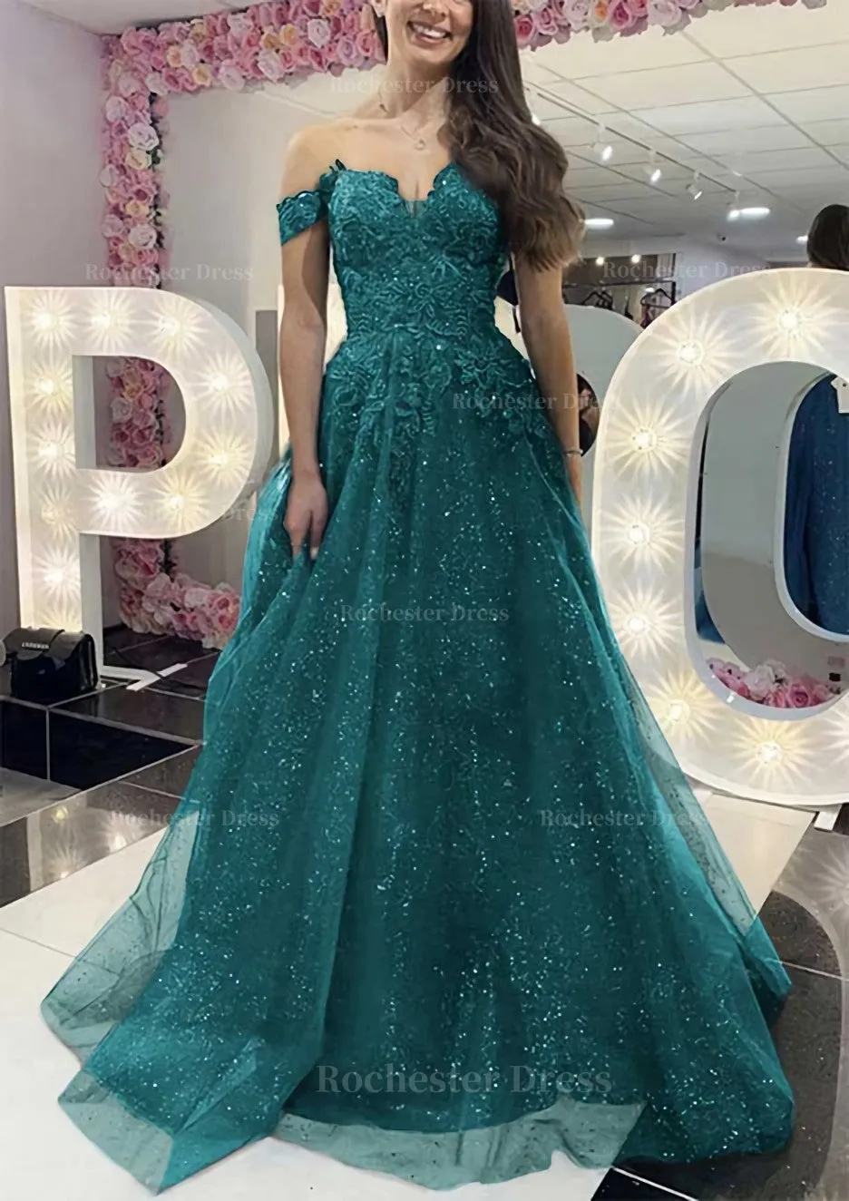 A-line Off-the-Shoulder Regular Straps Long/Floor-Length Tulle Prom Dress With Appliqued Glitter