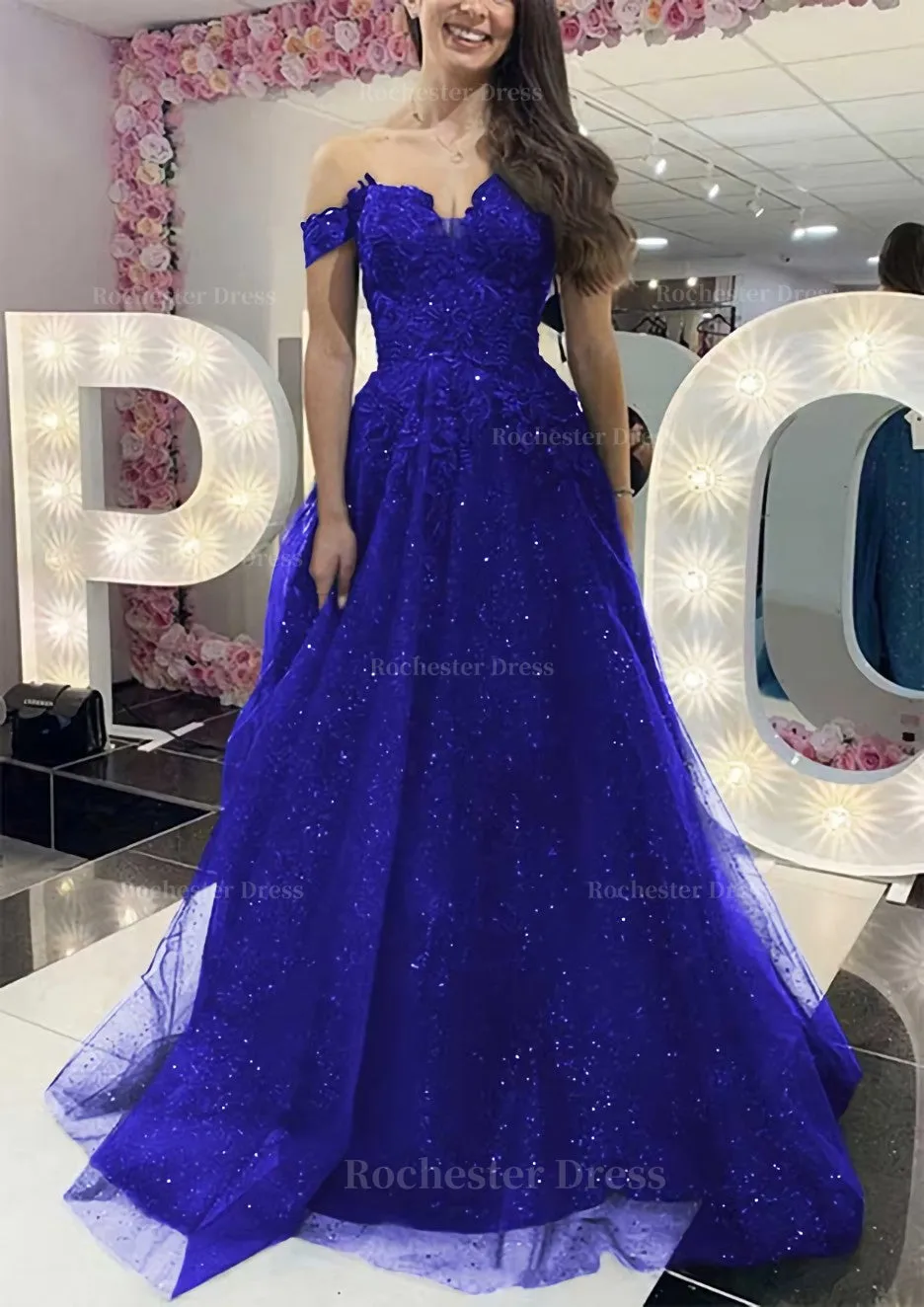 A-line Off-the-Shoulder Regular Straps Long/Floor-Length Tulle Prom Dress With Appliqued Glitter