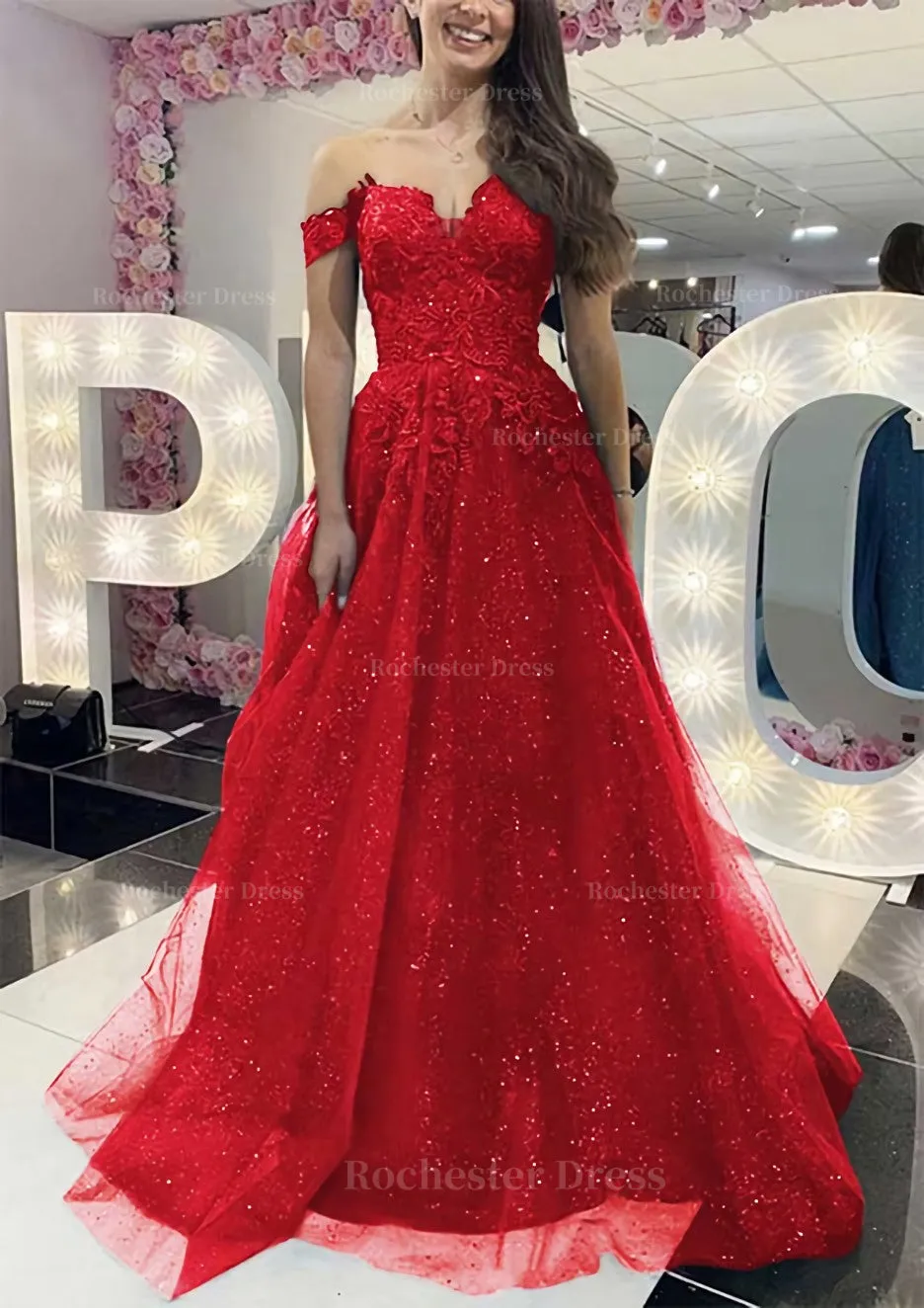 A-line Off-the-Shoulder Regular Straps Long/Floor-Length Tulle Prom Dress With Appliqued Glitter