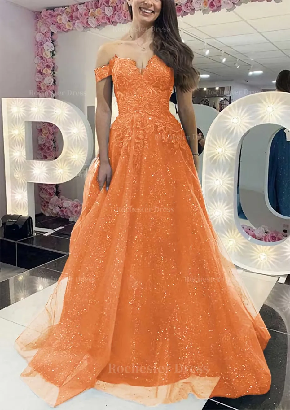 A-line Off-the-Shoulder Regular Straps Long/Floor-Length Tulle Prom Dress With Appliqued Glitter