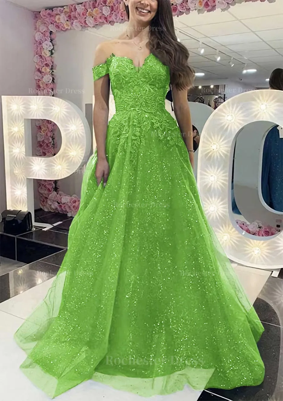 A-line Off-the-Shoulder Regular Straps Long/Floor-Length Tulle Prom Dress With Appliqued Glitter