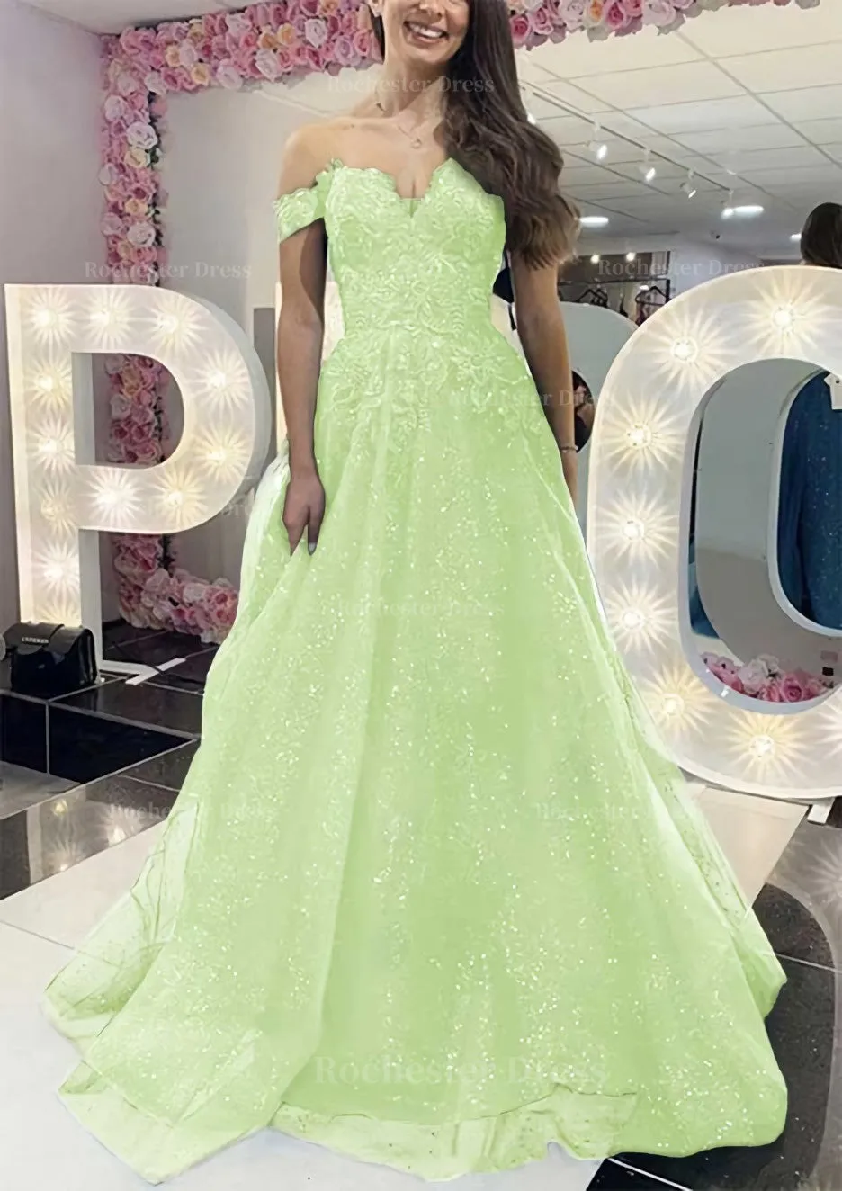 A-line Off-the-Shoulder Regular Straps Long/Floor-Length Tulle Prom Dress With Appliqued Glitter