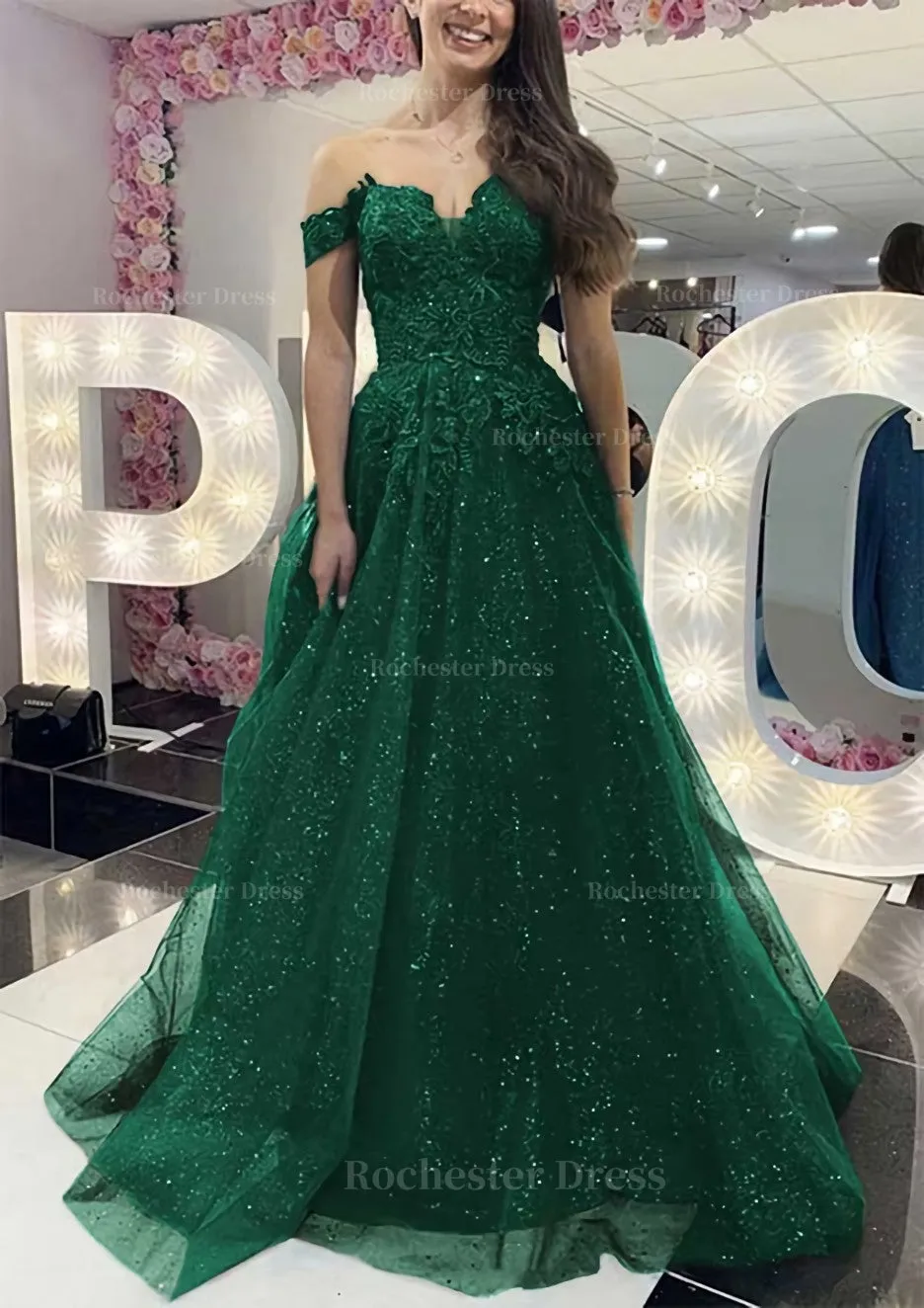 A-line Off-the-Shoulder Regular Straps Long/Floor-Length Tulle Prom Dress With Appliqued Glitter