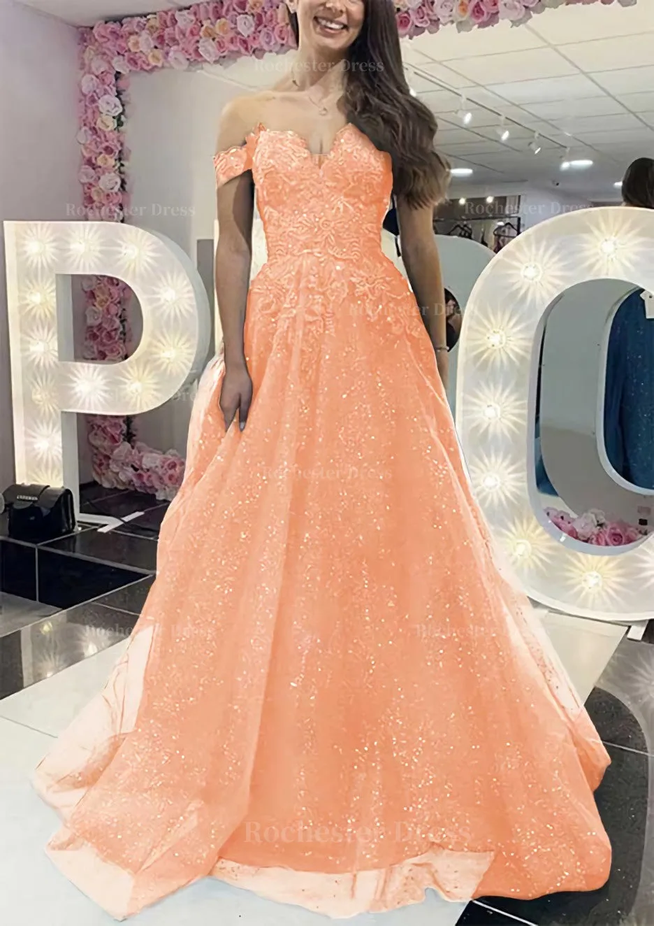 A-line Off-the-Shoulder Regular Straps Long/Floor-Length Tulle Prom Dress With Appliqued Glitter