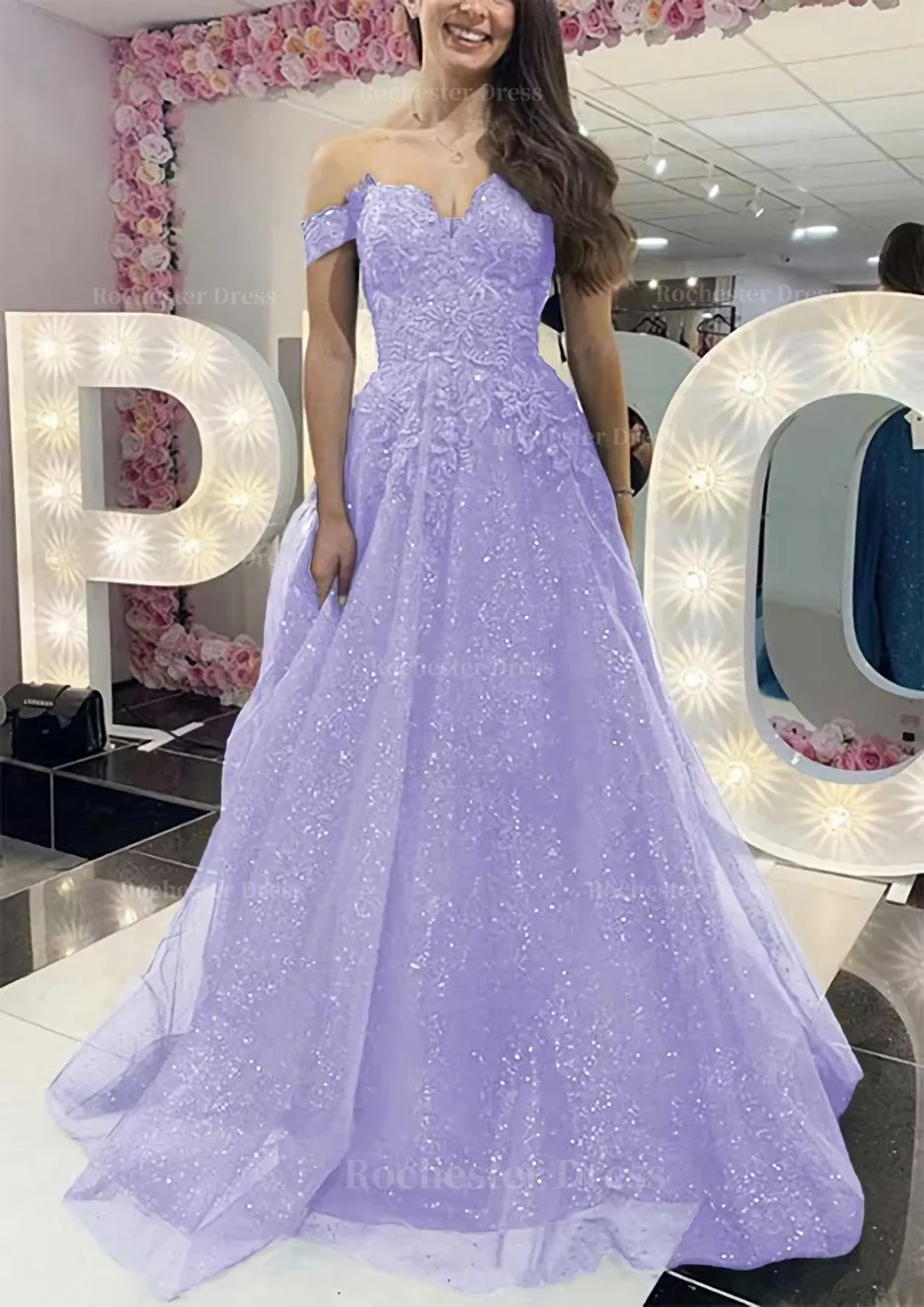 A-line Off-the-Shoulder Regular Straps Long/Floor-Length Tulle Prom Dress With Appliqued Glitter