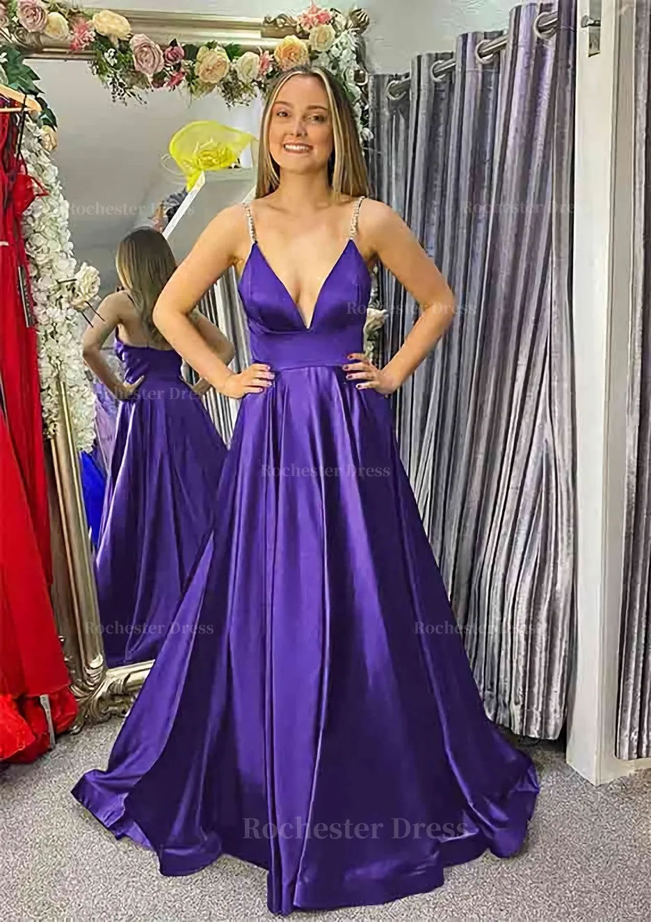 A-line V Neck Sleeveless Satin Sweep Train Prom Dress With Beading