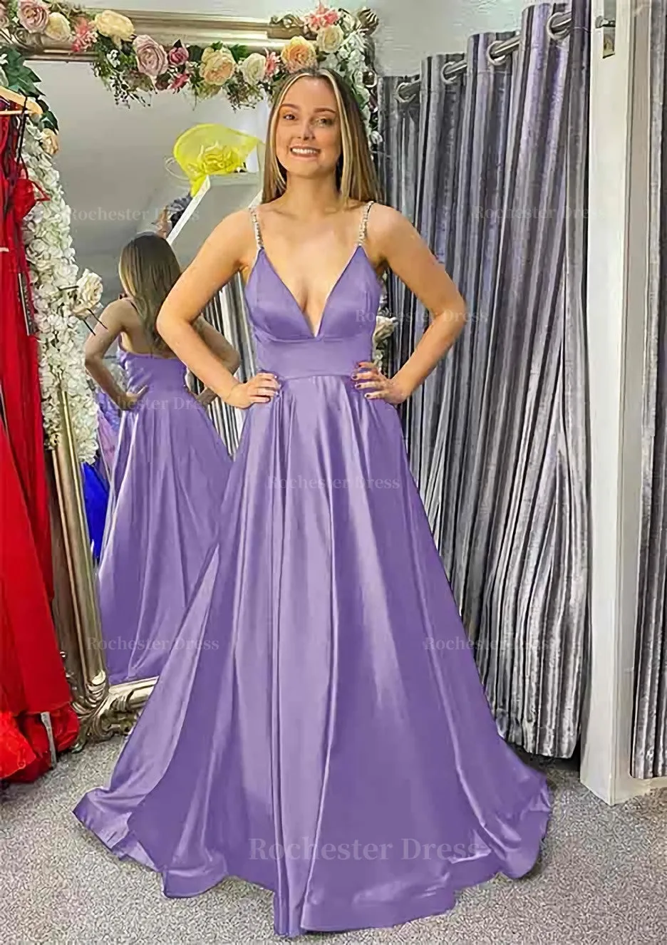 A-line V Neck Sleeveless Satin Sweep Train Prom Dress With Beading