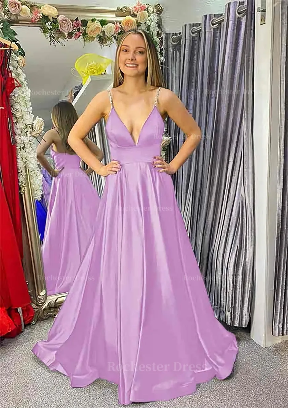 A-line V Neck Sleeveless Satin Sweep Train Prom Dress With Beading