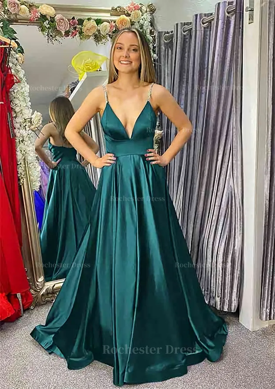 A-line V Neck Sleeveless Satin Sweep Train Prom Dress With Beading