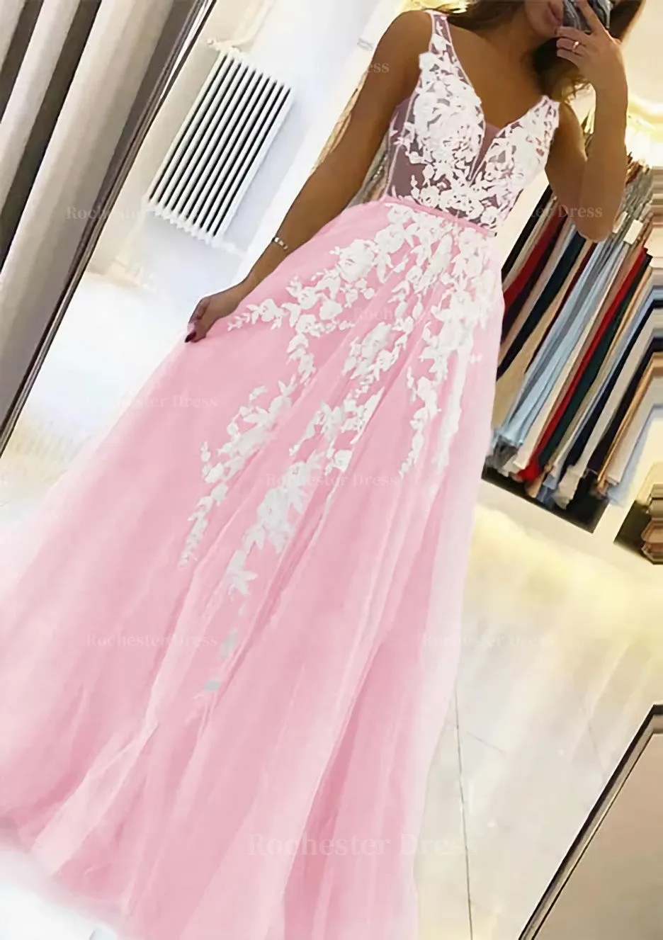 A-line V Neck Sleeveless Sweep Train Tulle Prom Dress With Beading Lace