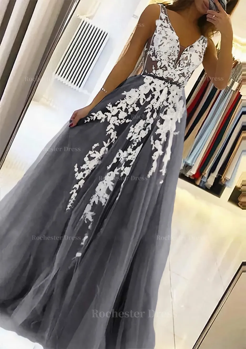 A-line V Neck Sleeveless Sweep Train Tulle Prom Dress With Beading Lace