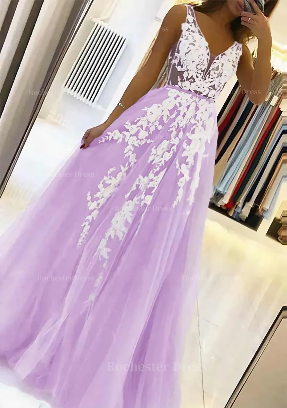 A-line V Neck Sleeveless Sweep Train Tulle Prom Dress With Beading Lace