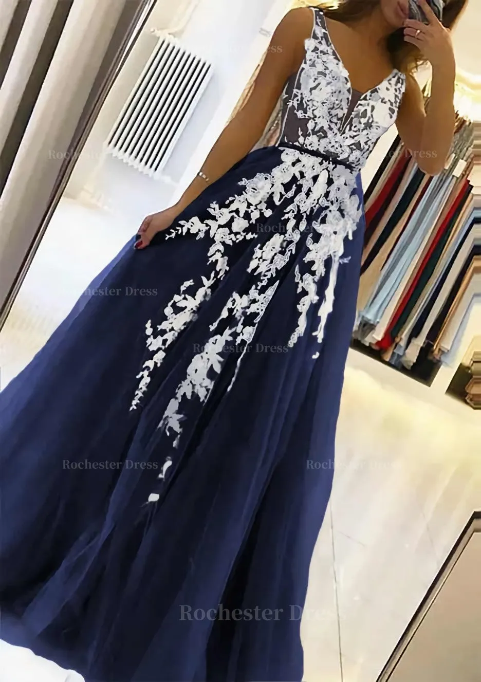 A-line V Neck Sleeveless Sweep Train Tulle Prom Dress With Beading Lace