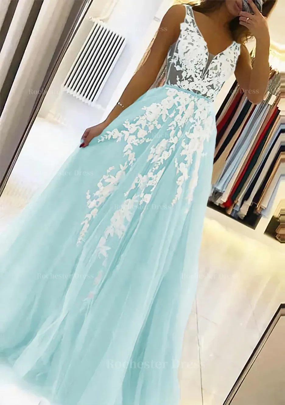 A-line V Neck Sleeveless Sweep Train Tulle Prom Dress With Beading Lace