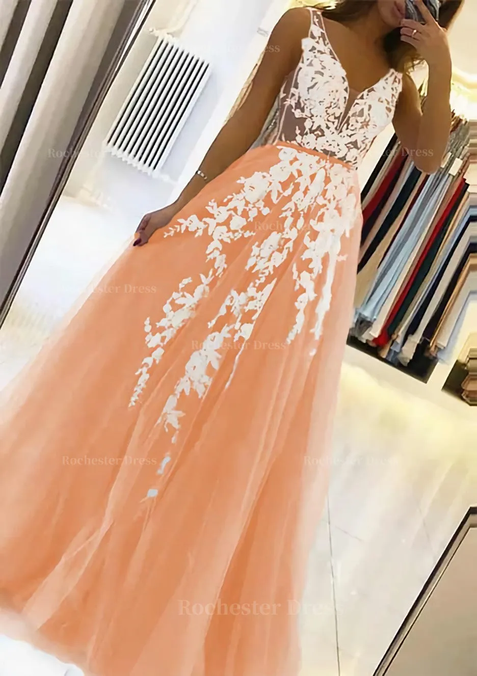 A-line V Neck Sleeveless Sweep Train Tulle Prom Dress With Beading Lace