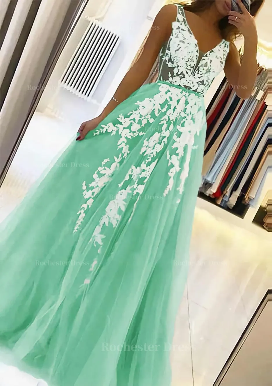 A-line V Neck Sleeveless Sweep Train Tulle Prom Dress With Beading Lace