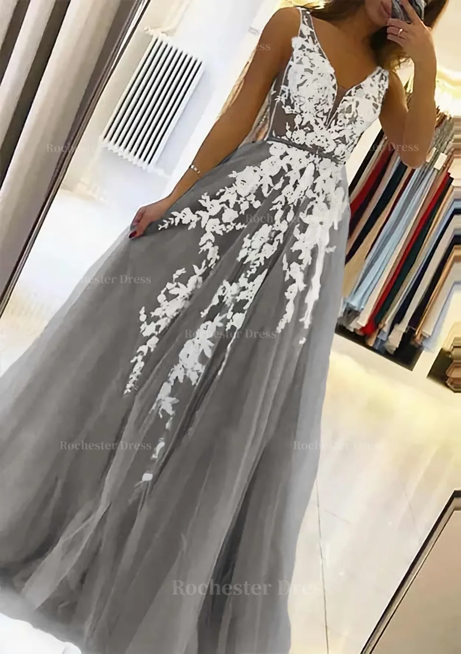 A-line V Neck Sleeveless Sweep Train Tulle Prom Dress With Beading Lace