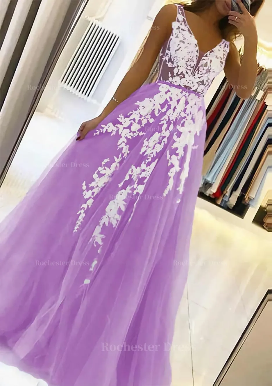 A-line V Neck Sleeveless Sweep Train Tulle Prom Dress With Beading Lace