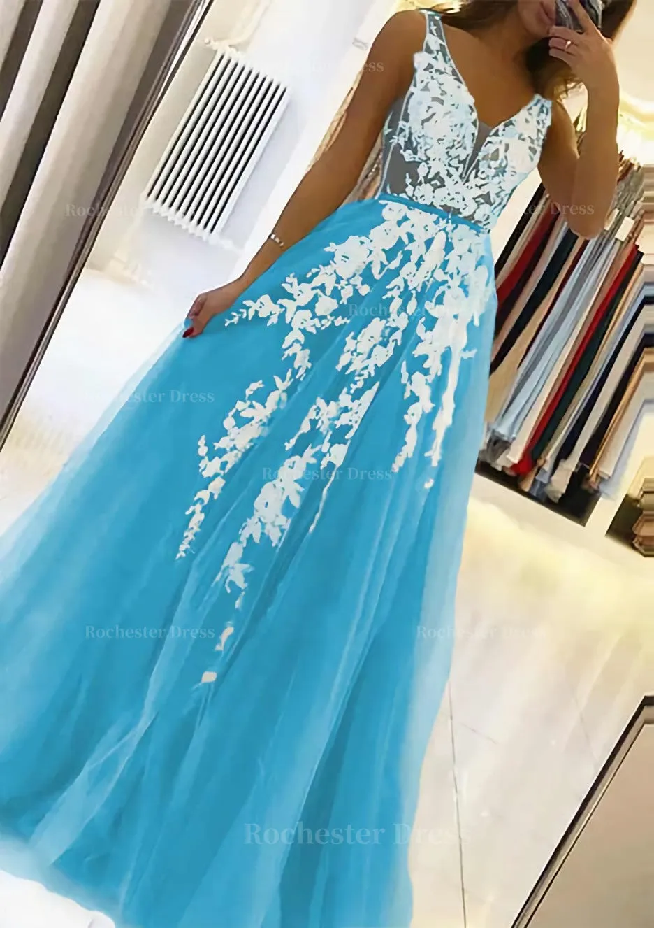 A-line V Neck Sleeveless Sweep Train Tulle Prom Dress With Beading Lace