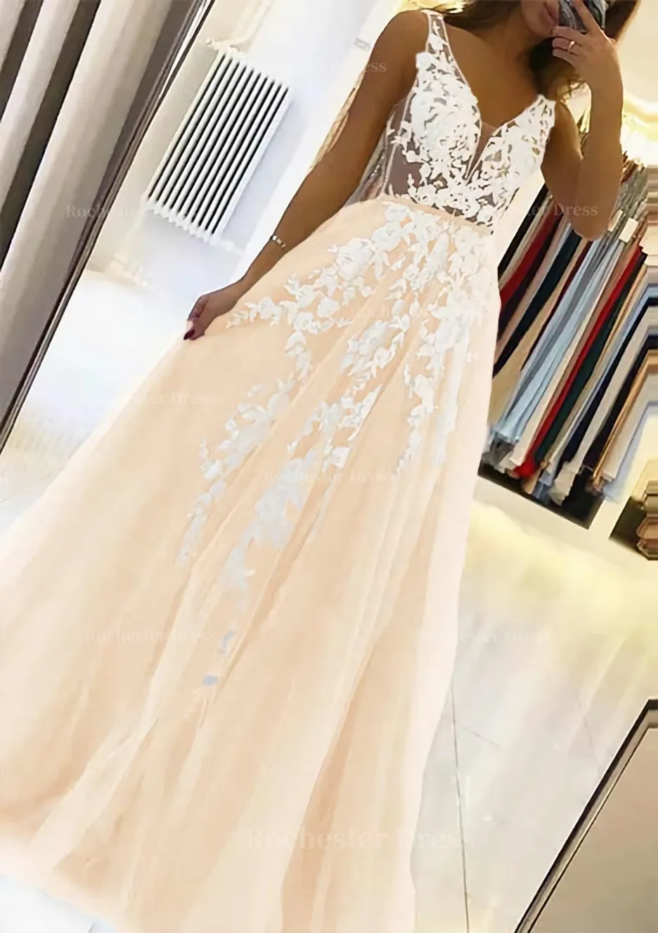 A-line V Neck Sleeveless Sweep Train Tulle Prom Dress With Beading Lace