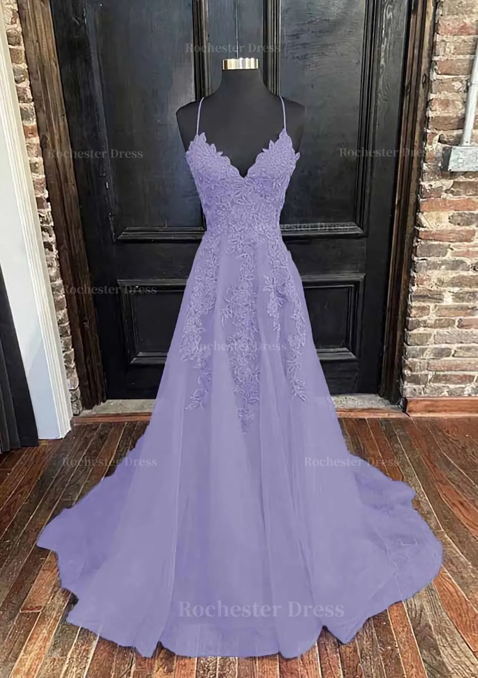 A-line V Neck Spaghetti Straps Sweep Train Tulle Prom Dress With Appliqued