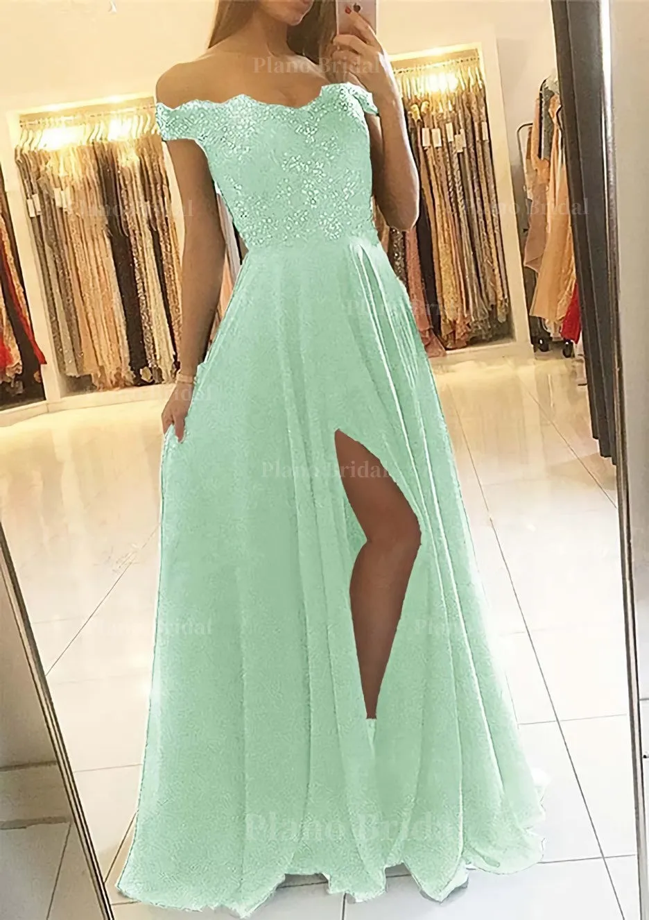 A-line/Princess Off-the-Shoulder Sleeveless Long/Floor-Length Chiffon Prom Dress With Beading Split