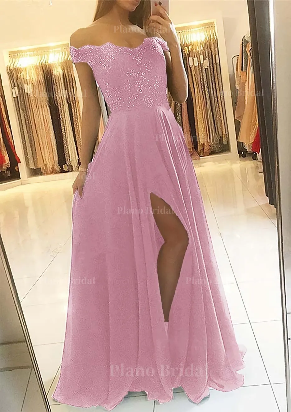 A-line/Princess Off-the-Shoulder Sleeveless Long/Floor-Length Chiffon Prom Dress With Beading Split