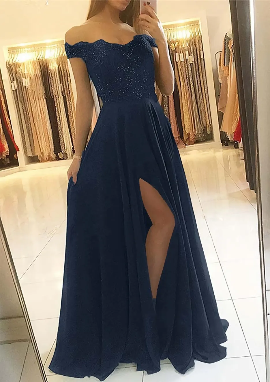 A-line/Princess Off-the-Shoulder Sleeveless Long/Floor-Length Chiffon Prom Dress With Beading Split