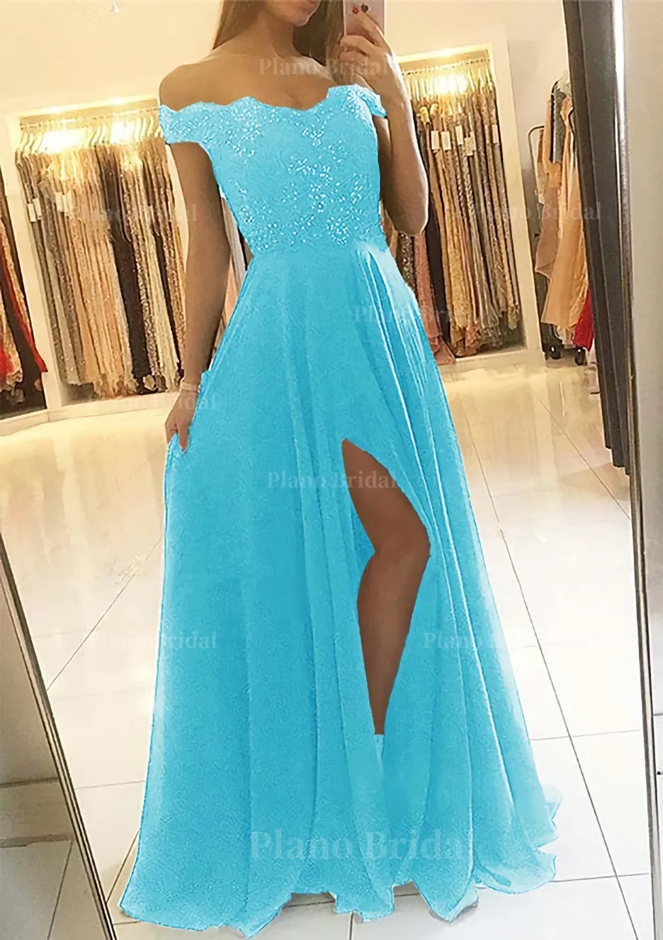 A-line/Princess Off-the-Shoulder Sleeveless Long/Floor-Length Chiffon Prom Dress With Beading Split