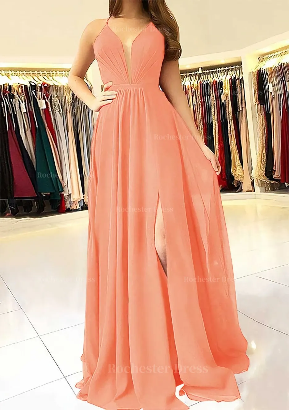 A-line/Princess Scalloped Neck Sleeveless Long/Floor-Length Chiffon Prom Dress With Split