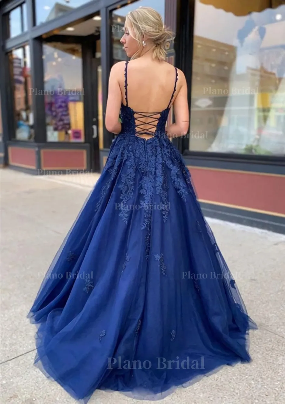 A-line/Princess V Neck Sweep Train Lace Prom Dresses