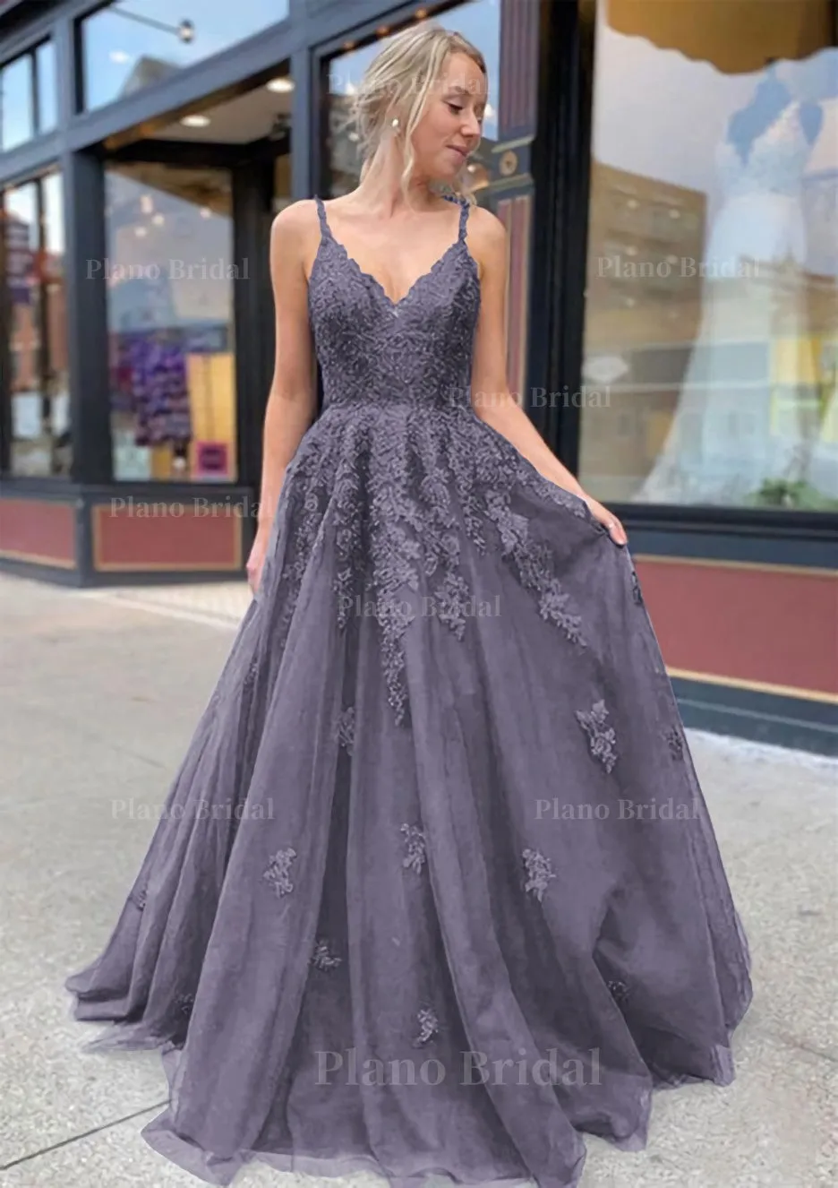 A-line/Princess V Neck Sweep Train Lace Prom Dresses