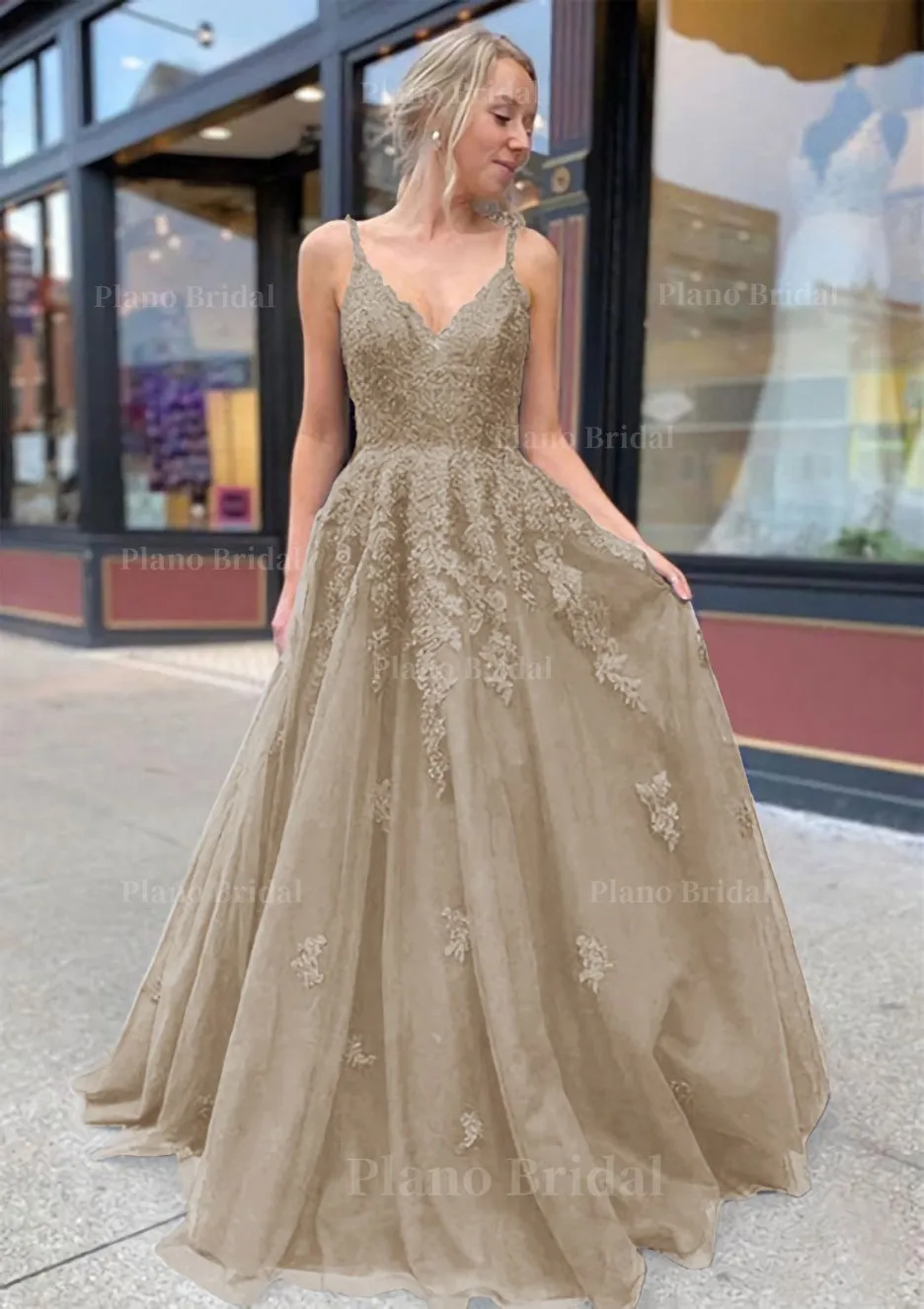 A-line/Princess V Neck Sweep Train Lace Prom Dresses