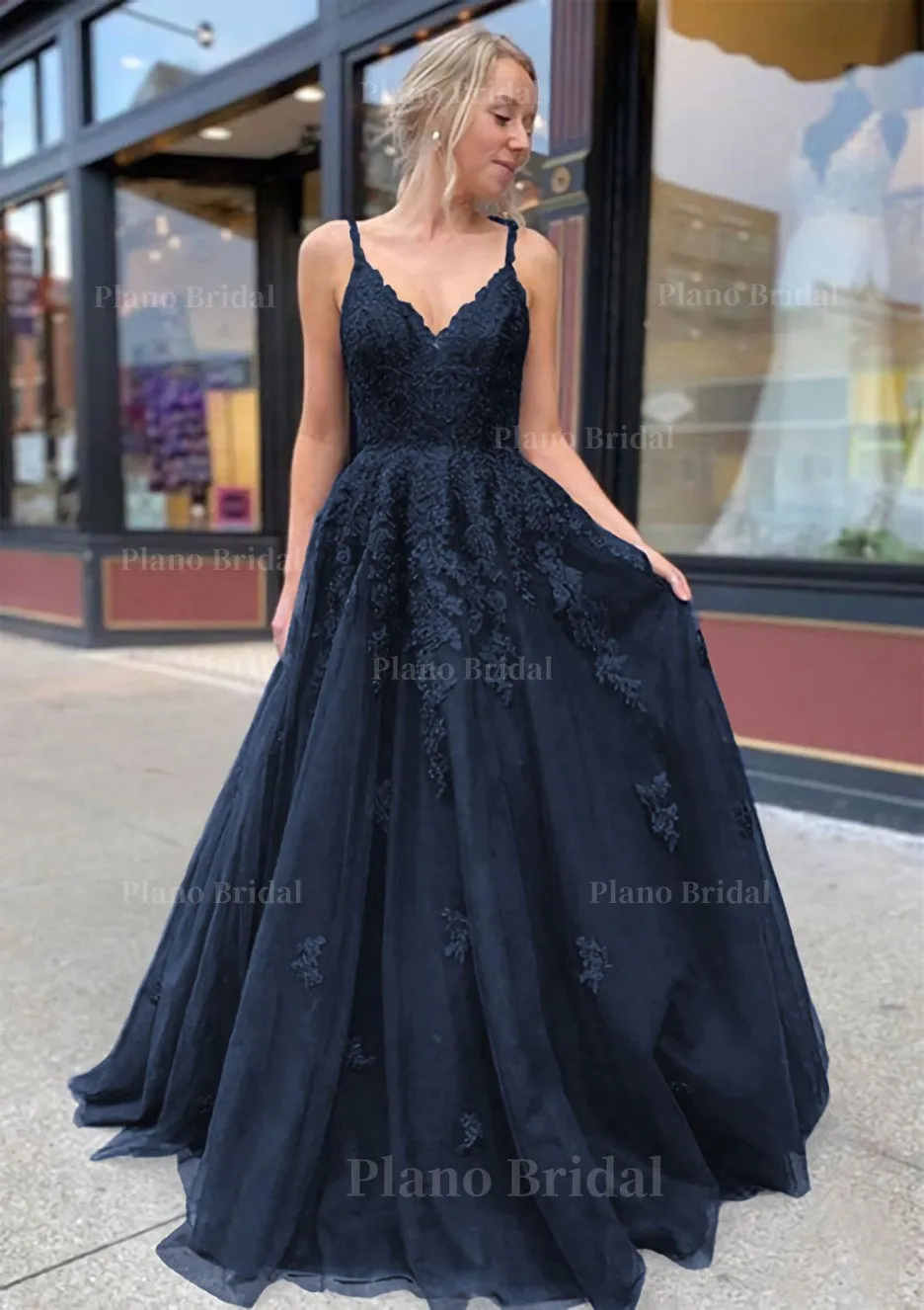 A-line/Princess V Neck Sweep Train Lace Prom Dresses