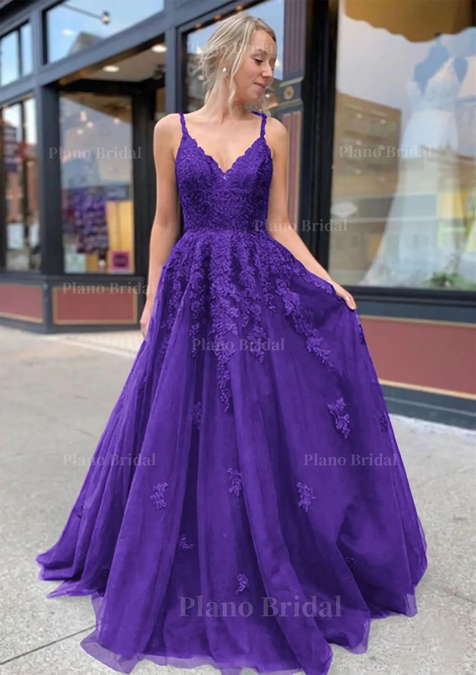 A-line/Princess V Neck Sweep Train Lace Prom Dresses