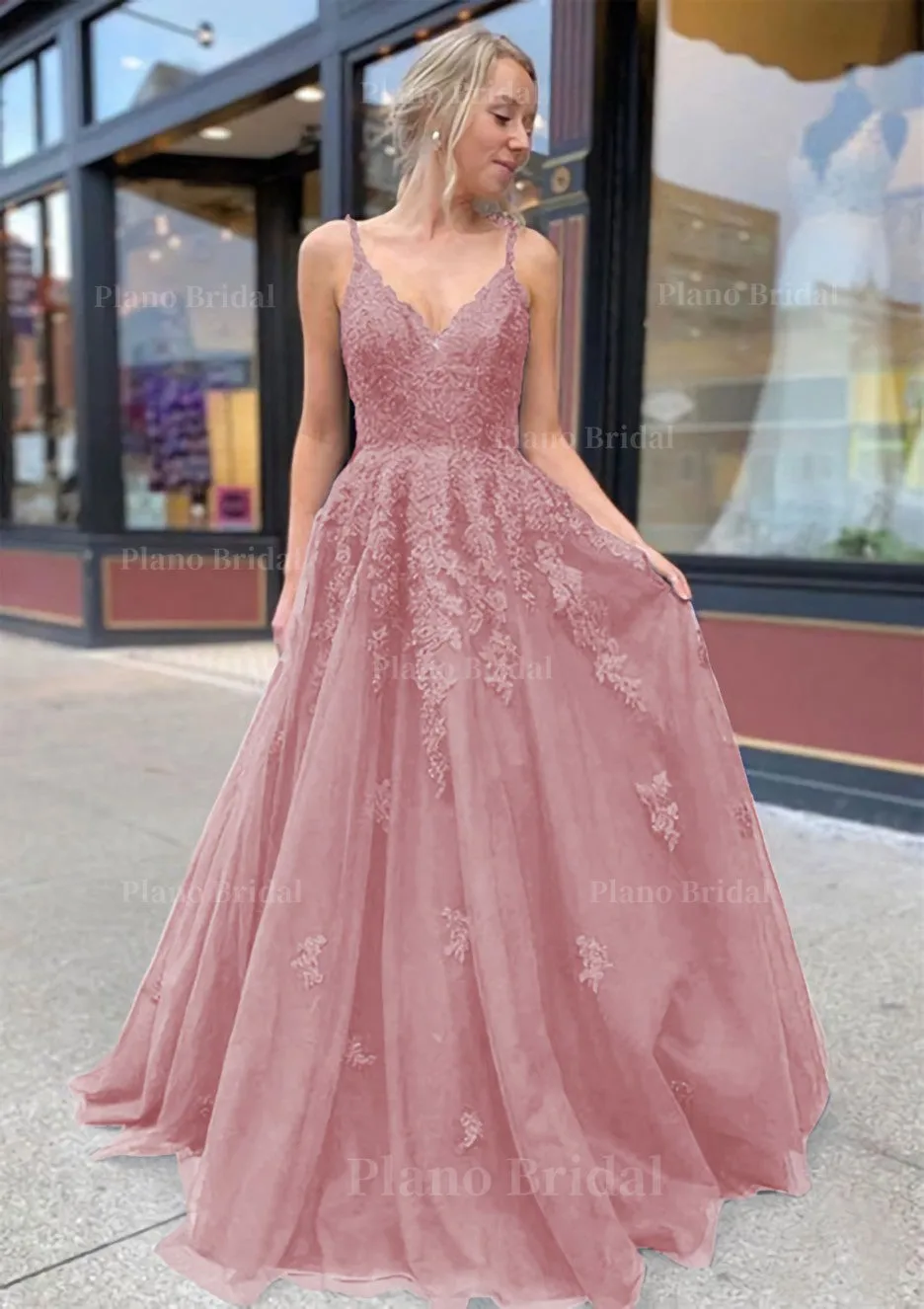 A-line/Princess V Neck Sweep Train Lace Prom Dresses