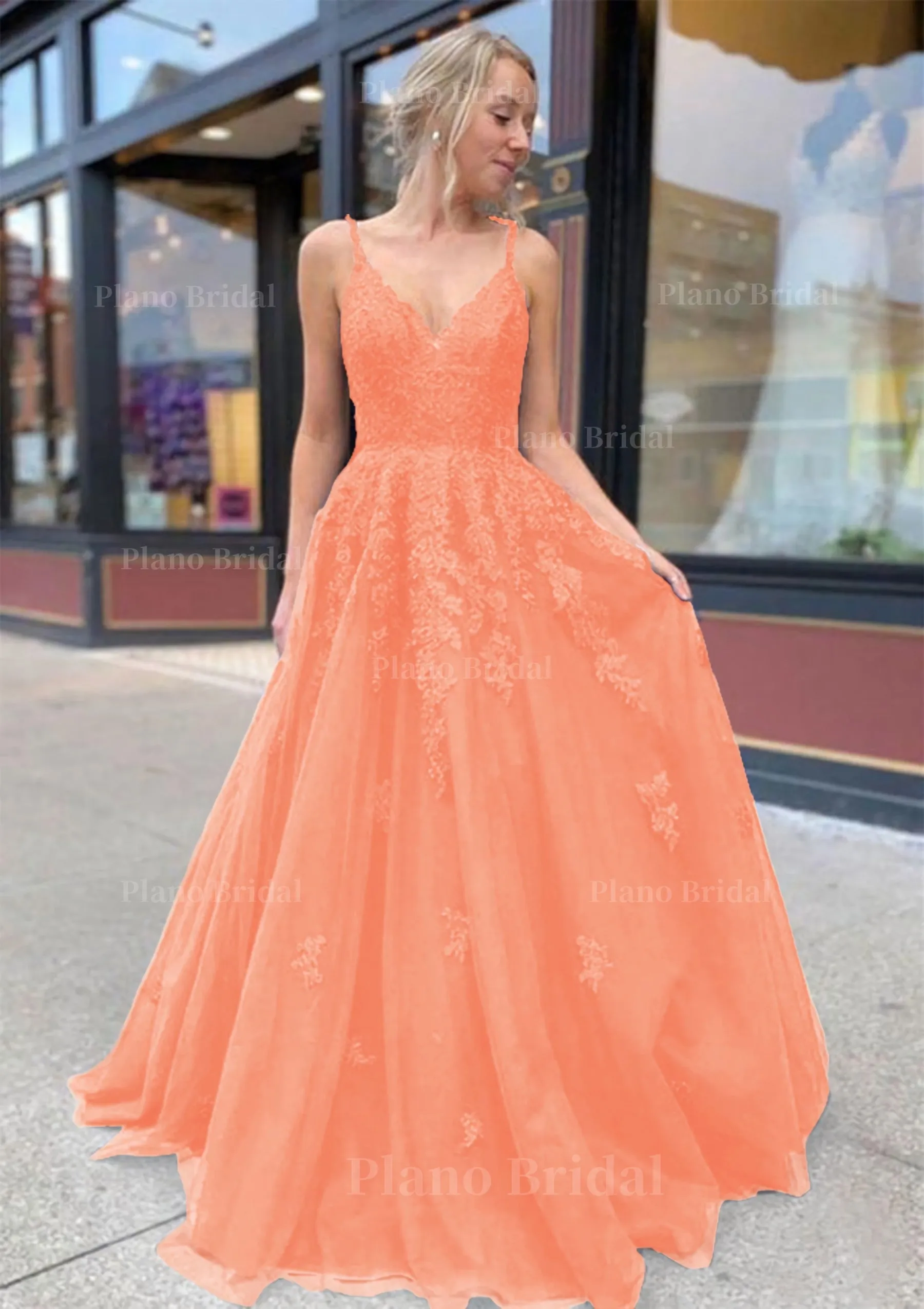 A-line/Princess V Neck Sweep Train Lace Prom Dresses