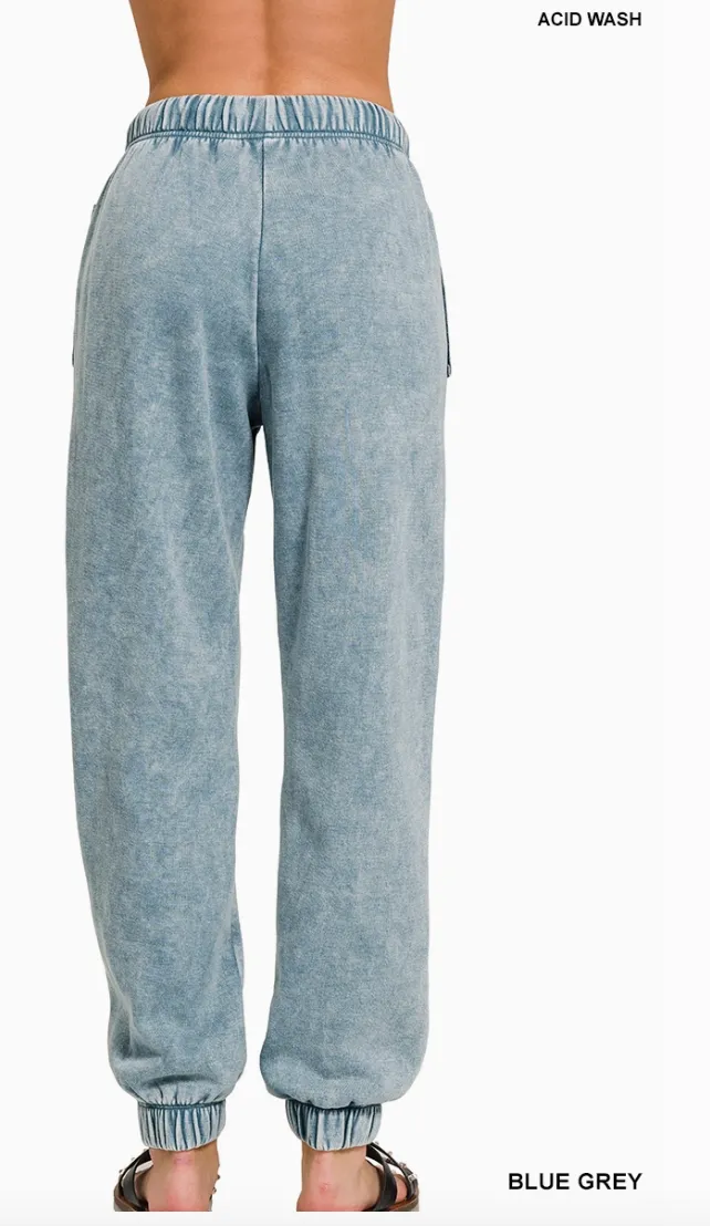 Acid Wash Fleece Cropped Zip-up Hoodie and Sweat Pant Set