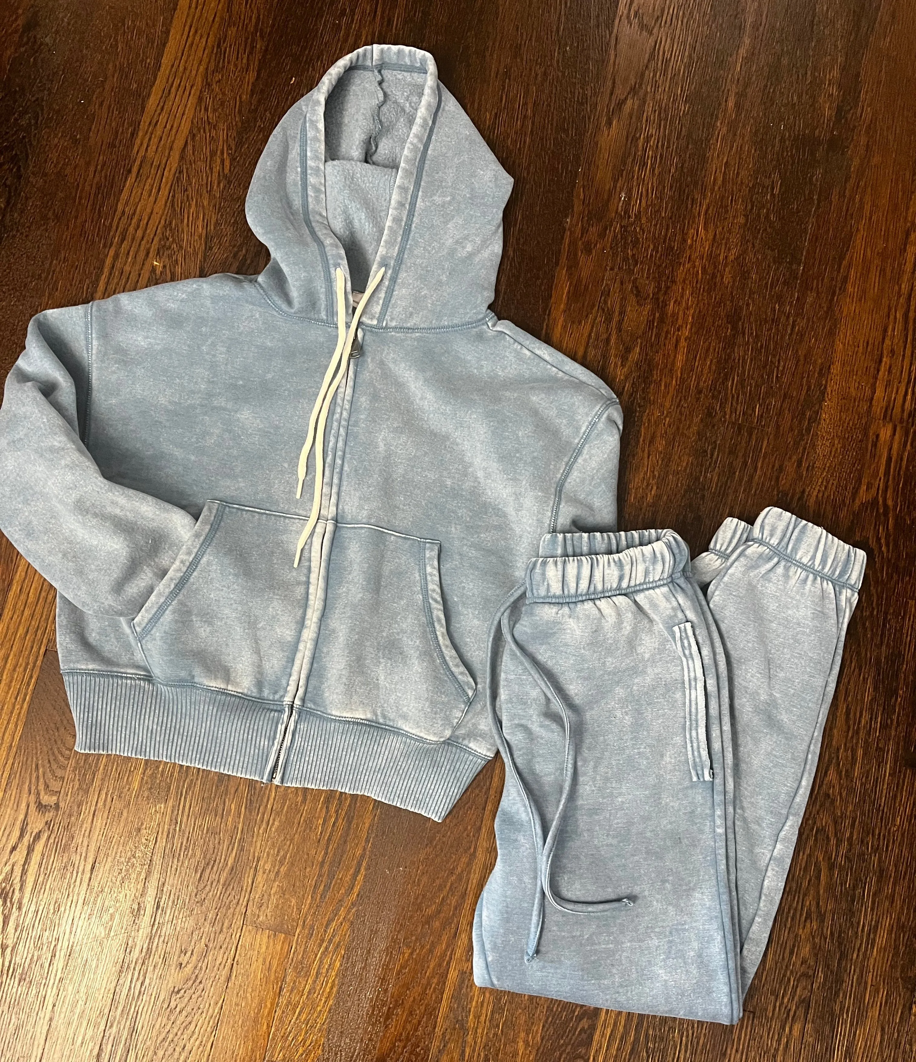 Acid Wash Fleece Cropped Zip-up Hoodie and Sweat Pant Set