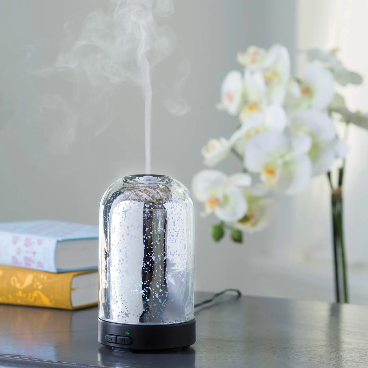 Airomé Mercury Glass Medium Glass Essential Oil Diffuser|100 mL Humidifying Ultrasonic Aromatherapy Diffuser 8 Colorful LED Lights, Intermittent & Continual Mist, Auto Shut-Off, Silver