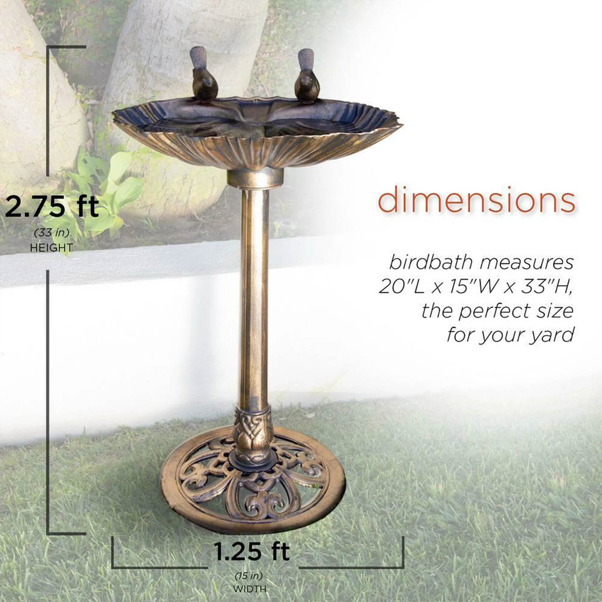 Alpine 13" by 30" Outdoor Bird Bath with 2 Bird Figurines Yard Statue, Bronze