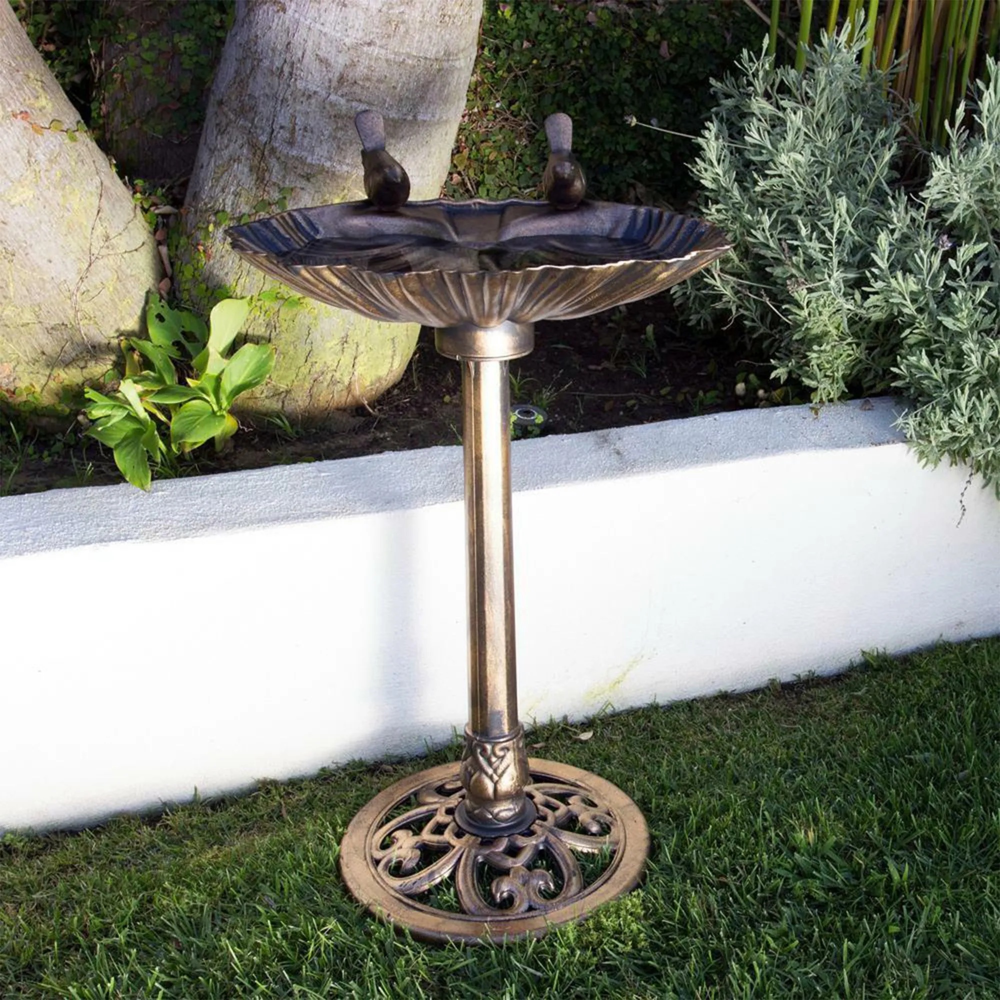 Alpine 13" by 30" Outdoor Bird Bath with 2 Bird Figurines Yard Statue, Bronze