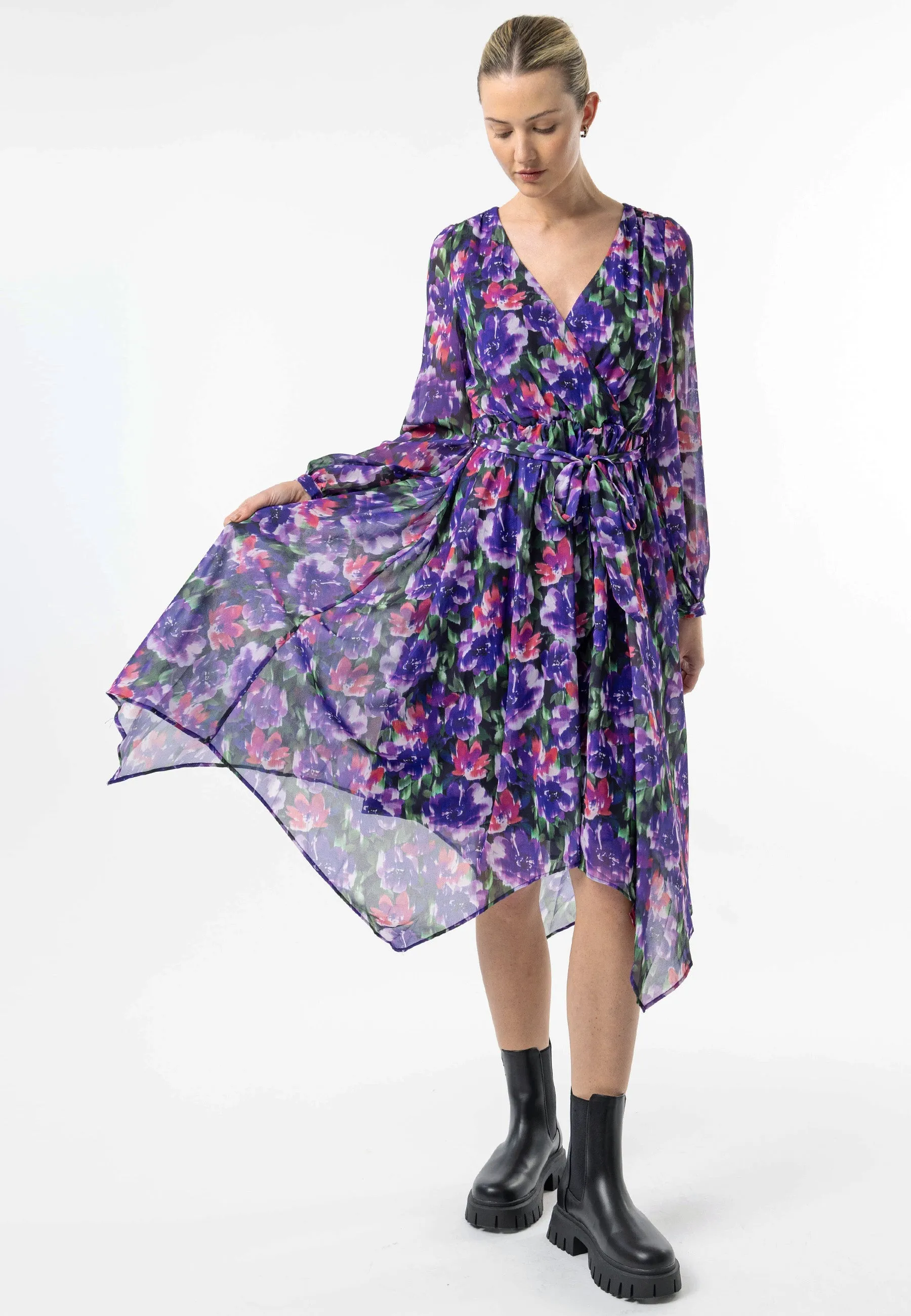 Angeleye Faux Wrap Bias Hem Midi Dress In Purple Floral