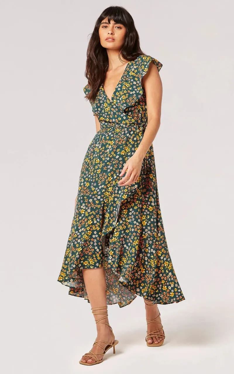 Apricot- Ditsy Floral Ruffle Wrap Midi Dress