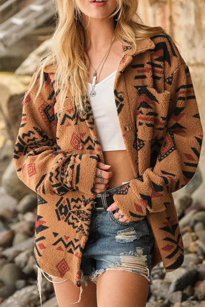 Aztec Print Button Up Fleece Jacket