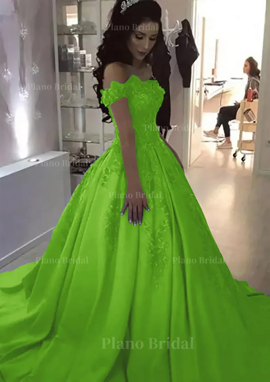 Ball Gown Off-the-Shoulder Sleeveless Sweep Train Satin Prom Dress With Appliqued Beading