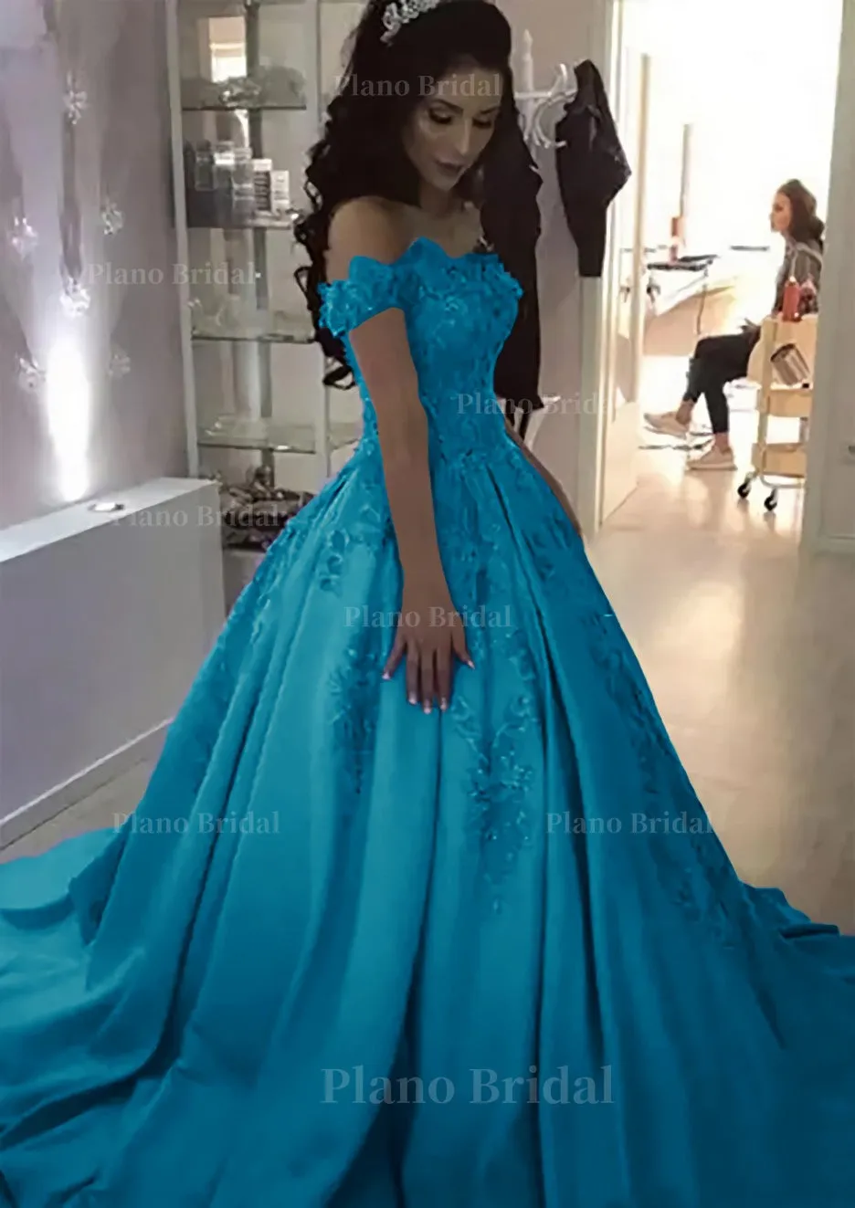 Ball Gown Off-the-Shoulder Sleeveless Sweep Train Satin Prom Dress With Appliqued Beading